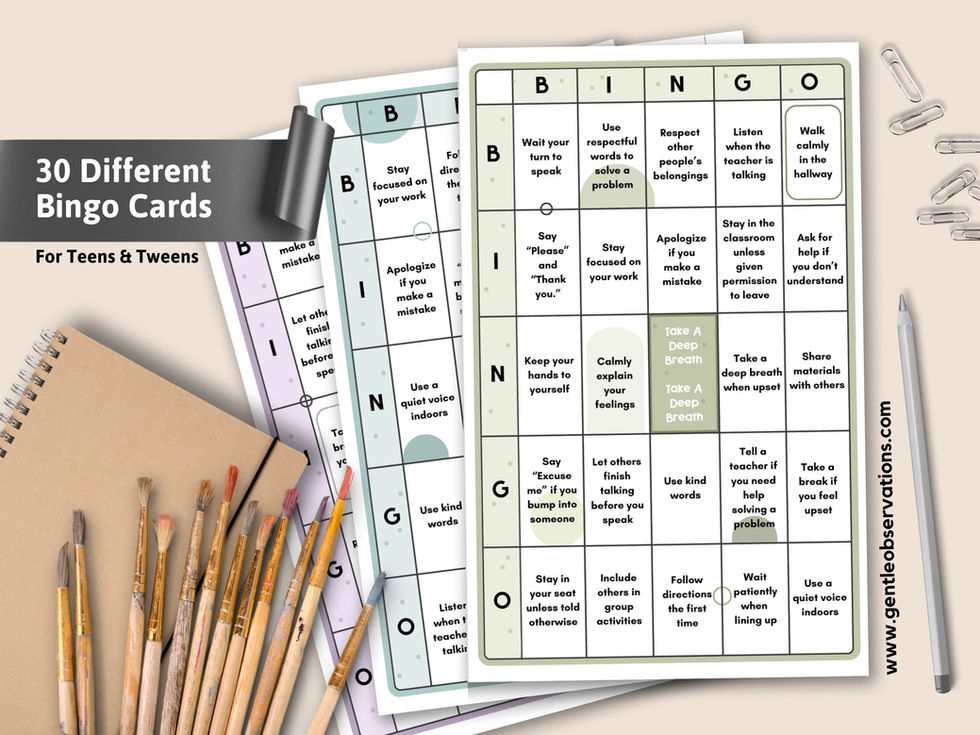 Impulse Control Bingo Cards for Teens & Tweens