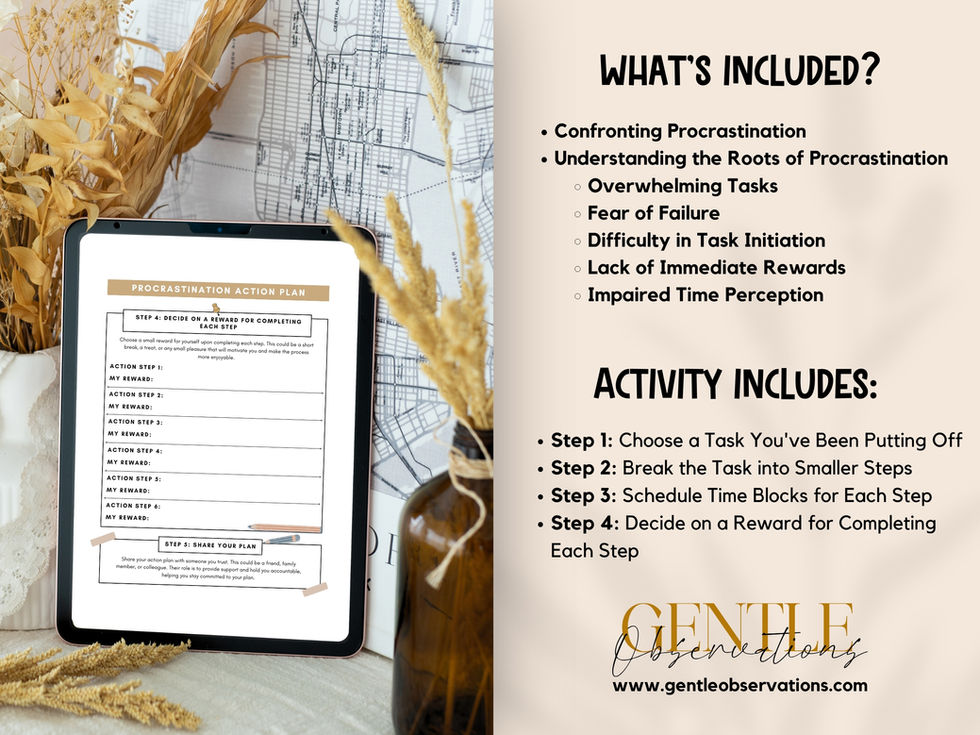 Tablet showing task planner form with activity steps and topics for overcoming procrastination.