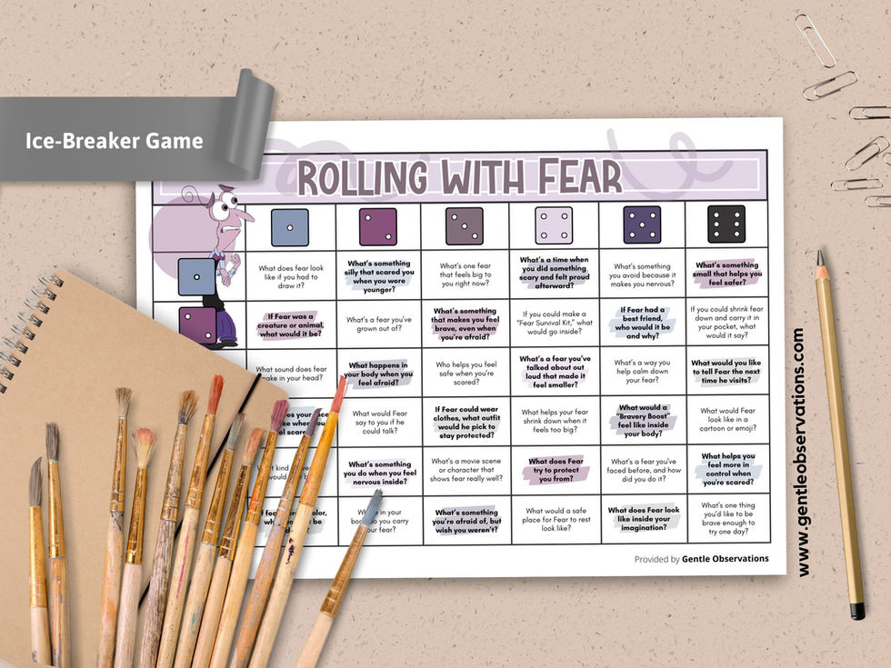 Game board 'Rolling with Fear' with coping questions and paintbrushes