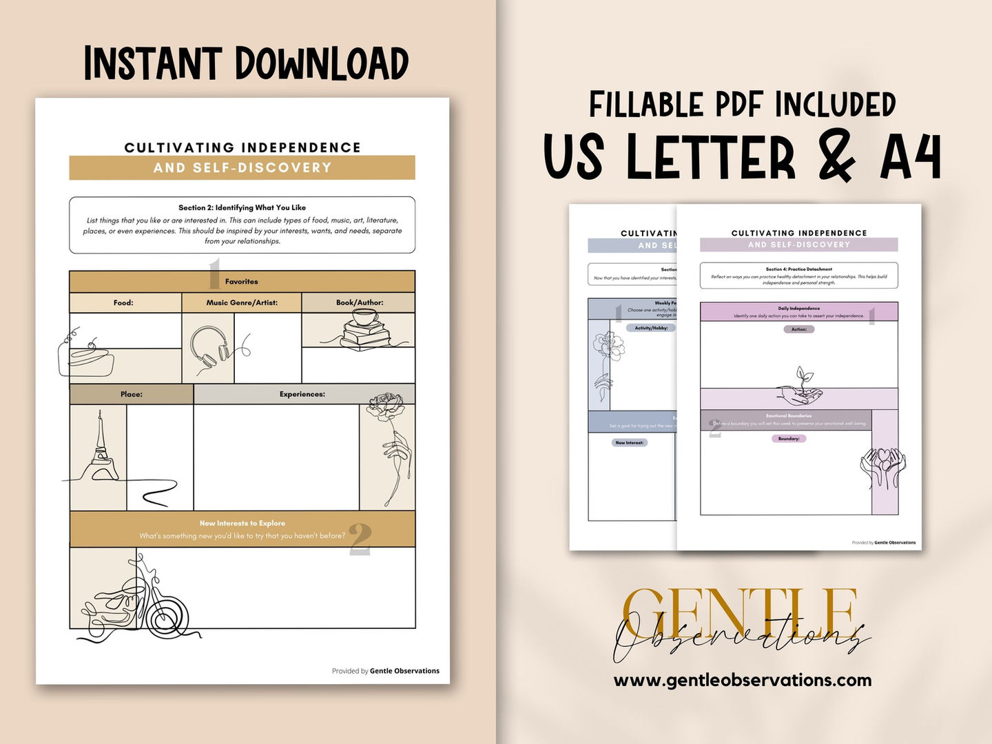Instant download self-discovery fillable PDF worksheet