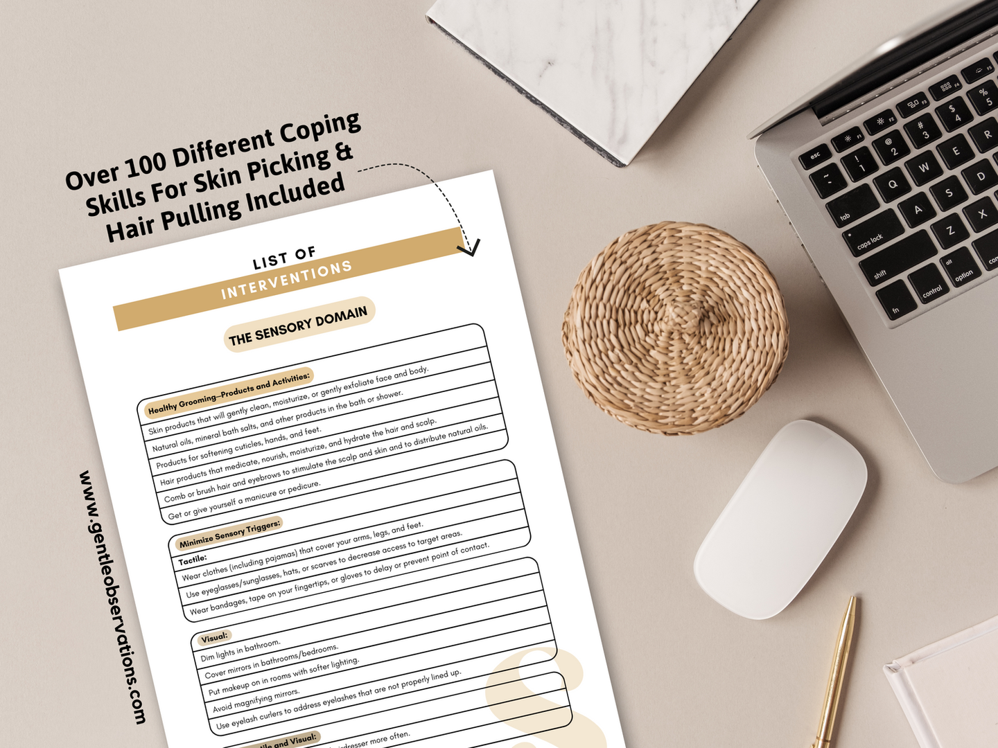Document listing 100 coping skills for skin picking and hair pulling
