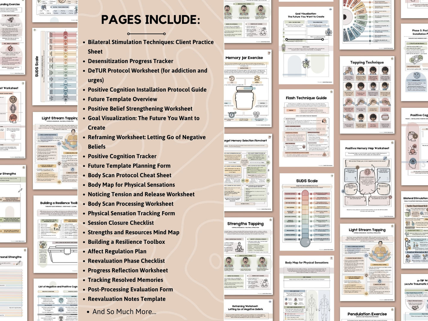 Therapy worksheets, including client practice and progress trackers