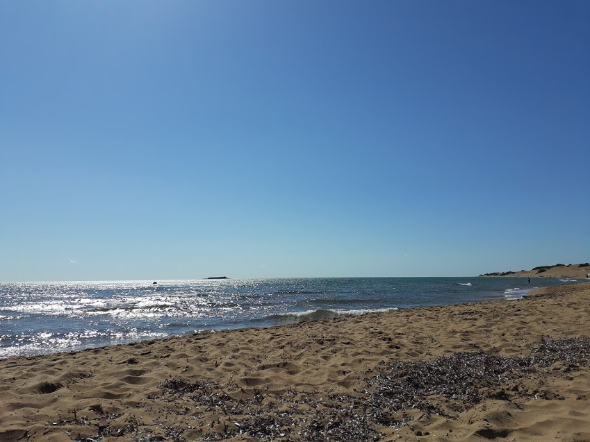 Only central and eastern sections are organised with seasonal sunbeds and parasols; large stretches remain open and natural.