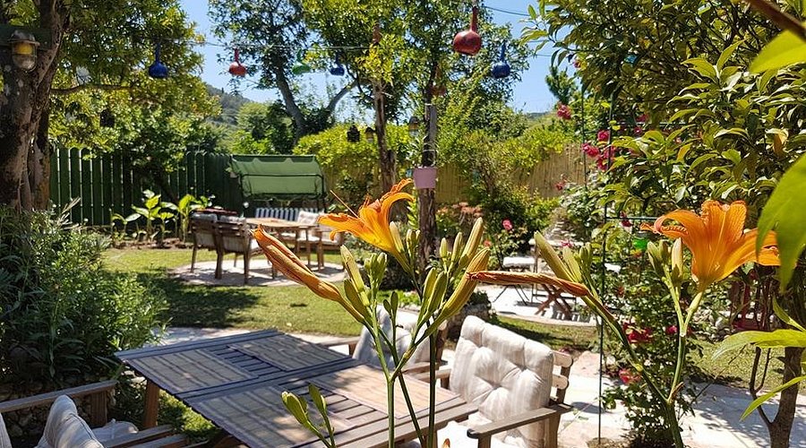 Orchard Restaurant garden dining area in Sidari, Corfu