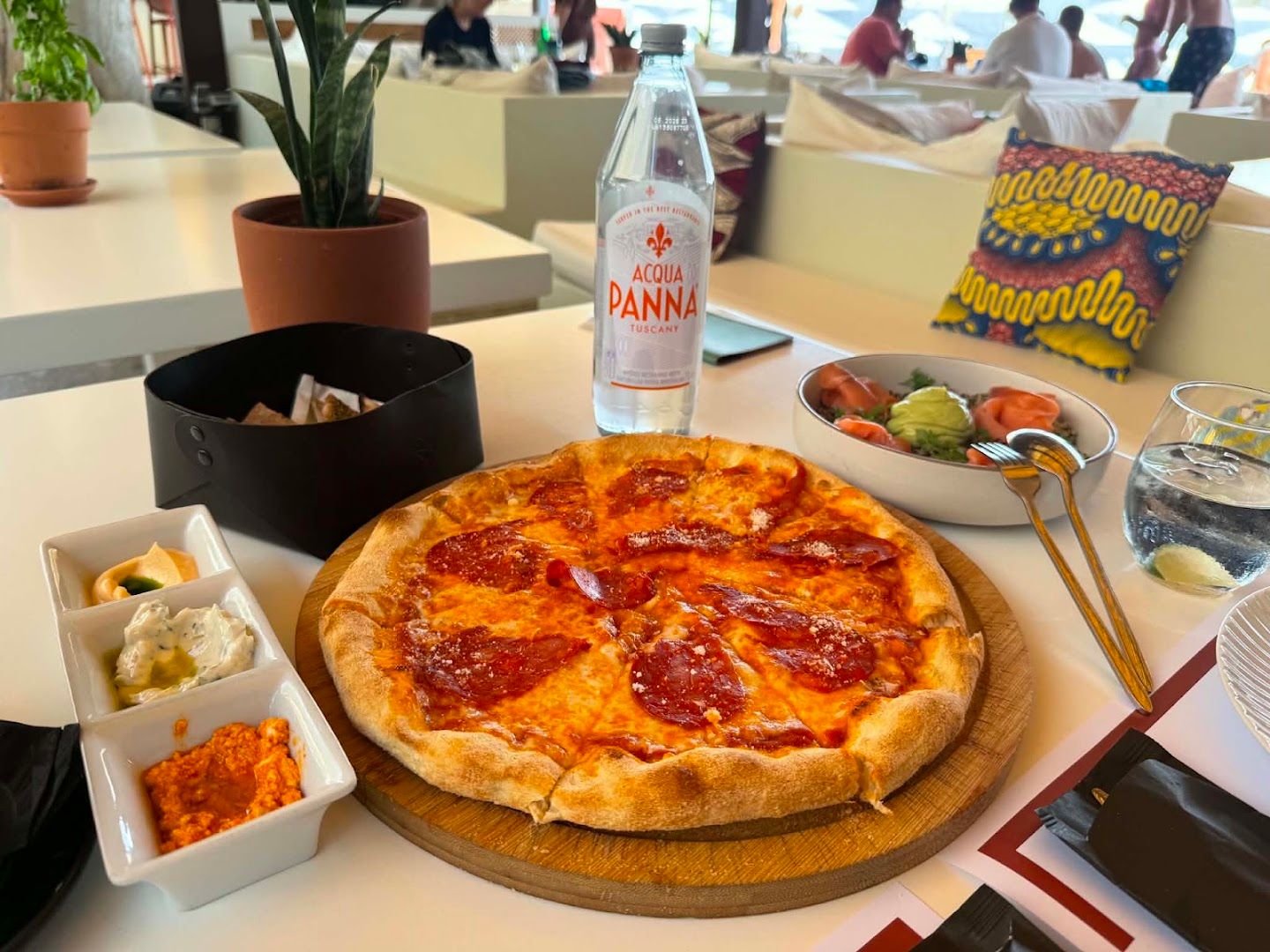 Pizza and dining area at Piedra del Mar in Barbati, Corfu