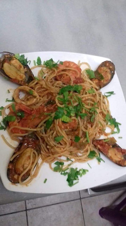 Seafood spaghetti at Samy's Pizzeria in Vryoni, Corfu