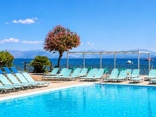 Beachfront swimming pool at Agnes Beach Hotel Apartments in Kavos, Corfu