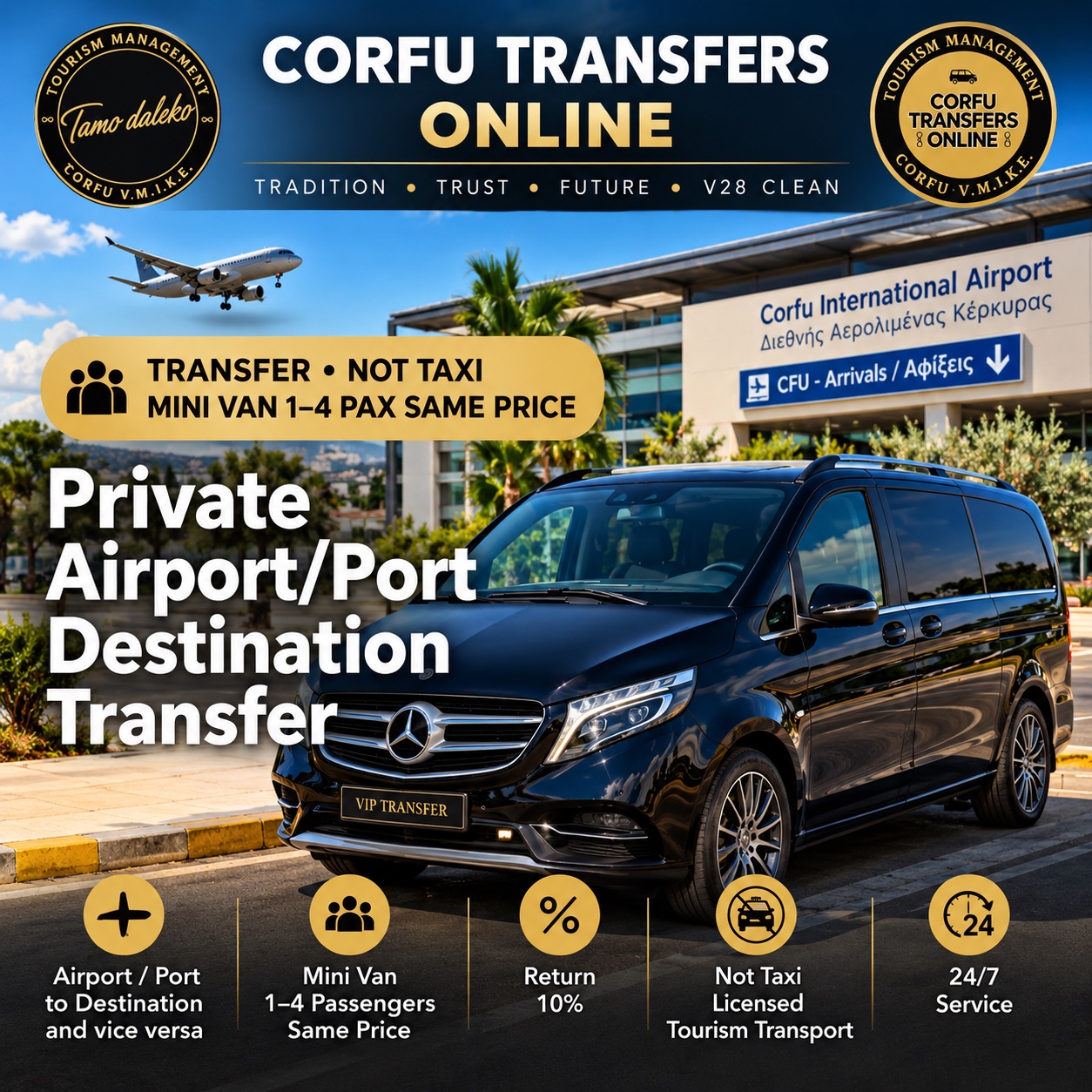Private airport, port, hotel and villa transfers across Corfu, with online booking available 24/7.