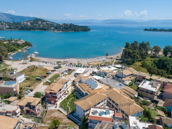 Aerial view of Iliada Beach Hotel and Gouvia Bay in Corfu