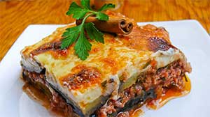 Traditional moussaka served at Anemos Restaurant in Afionas, Corfu