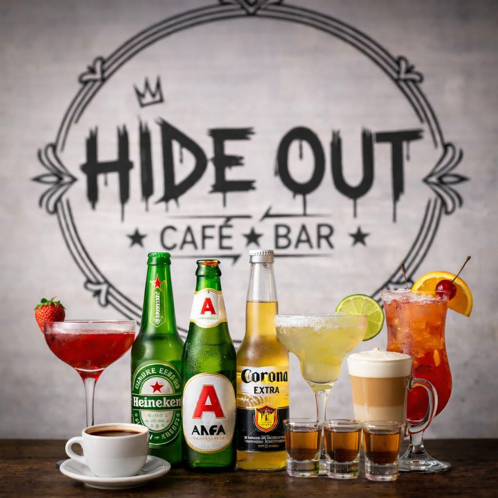 Hide Out Café & Bar in Sidari displaying its logo and selection of drinks