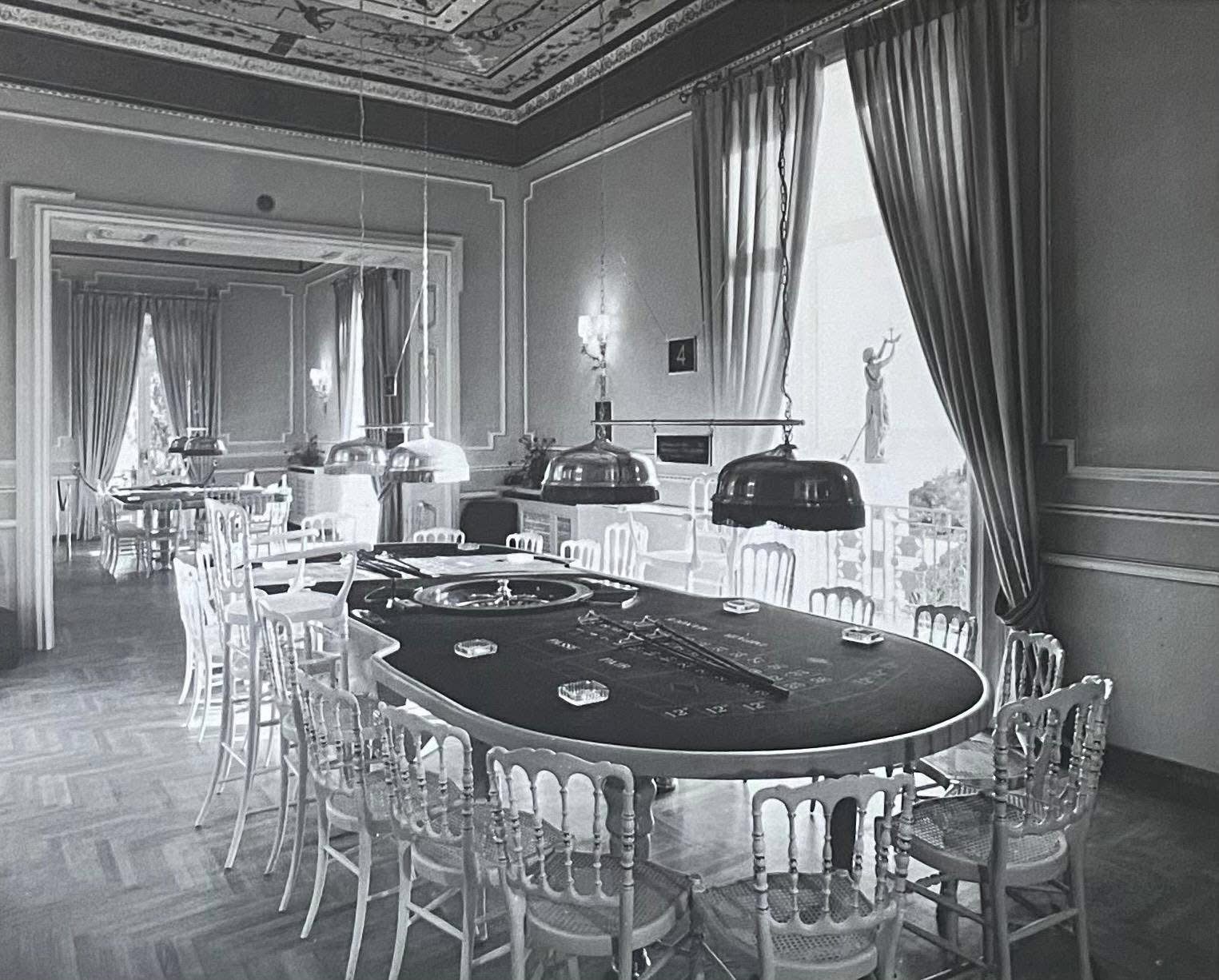 The roulette room inside Achilleion Palace during its years as a casino.
