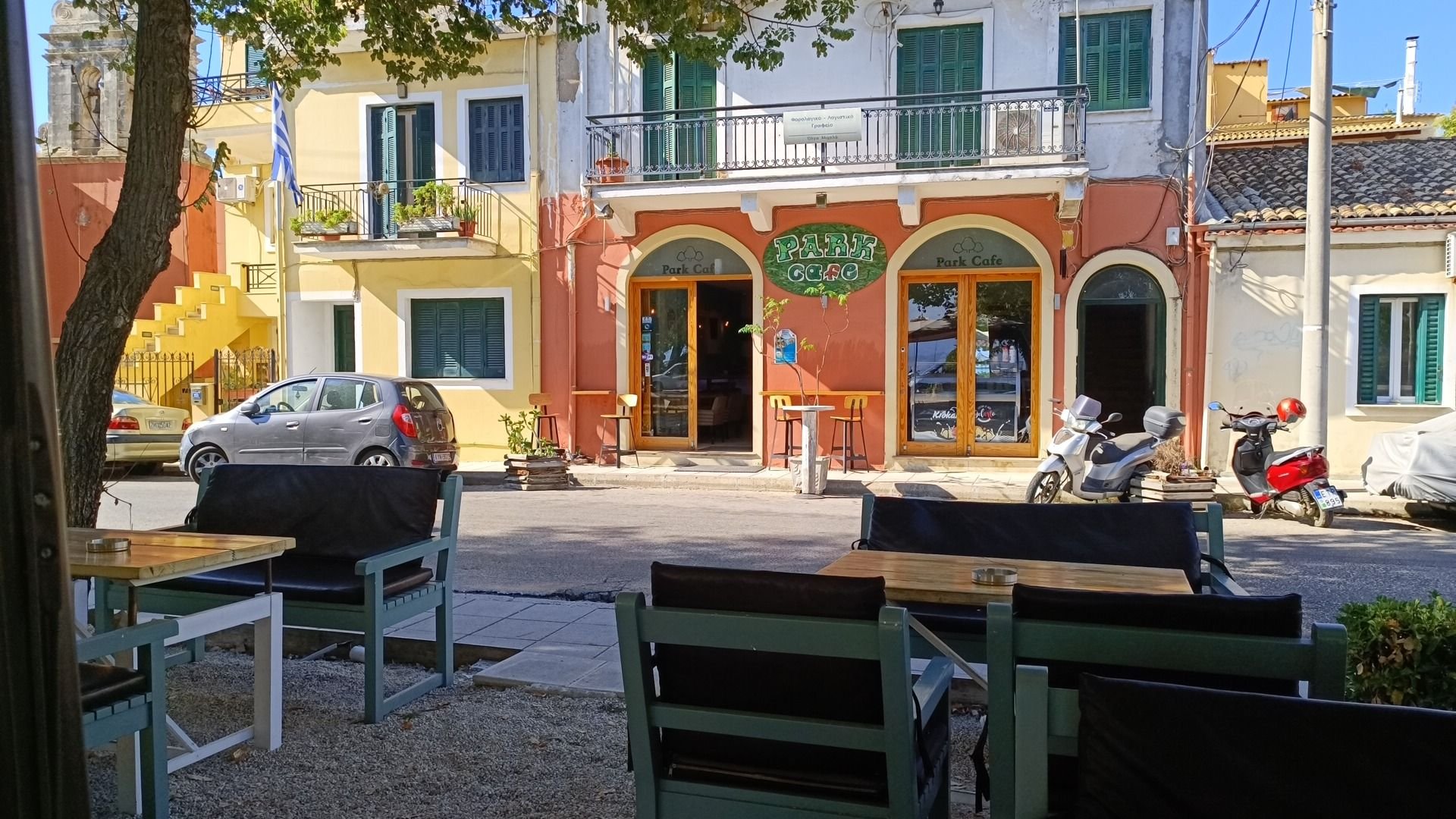 Park Cafe frontage and outdoor seating in Garitsa, Corfu
