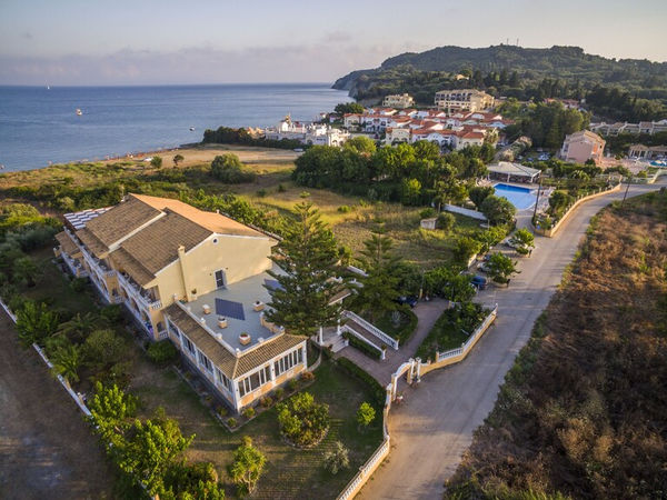 Aerial view of Erofili Hotel near the coast in Kavos, Corfu