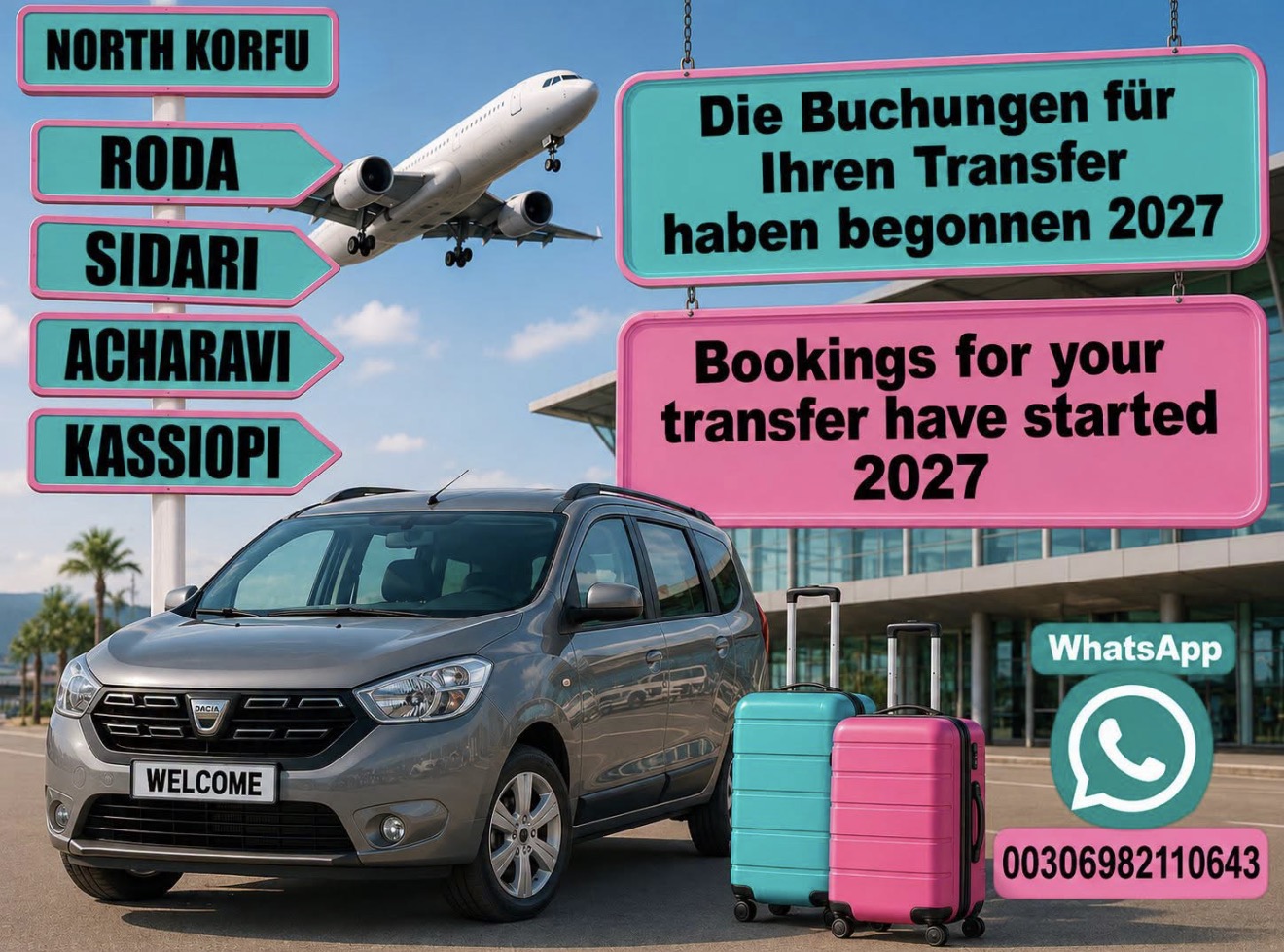 Corfu airport, port and private transfers, with bookings available via WhatsApp or email.