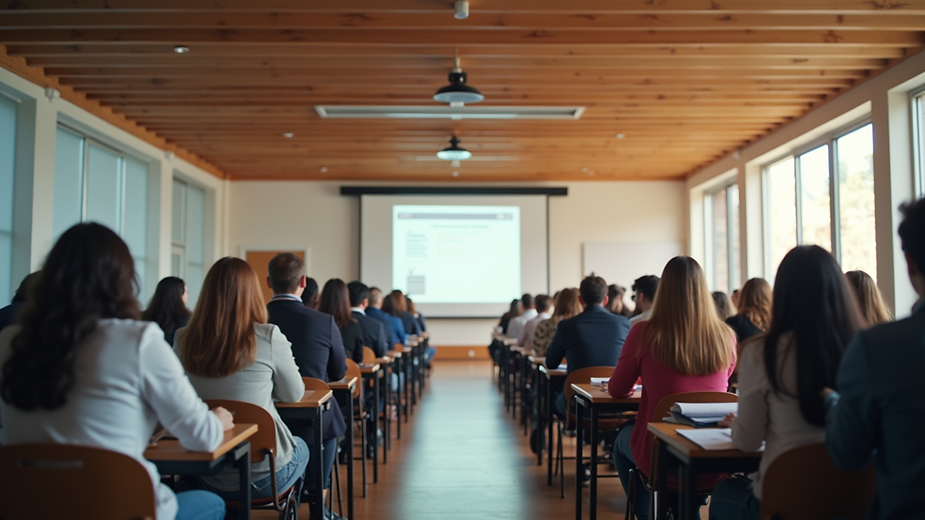 Vista panorámica de un aula moderna con estudiantes participando en una actividad grupal