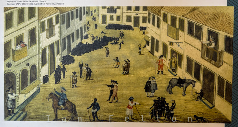 Market of slaves in Recife, Brazil, circa 1637. Courtesy of the Staatliches Kupferstich-Kabinett, Dresden