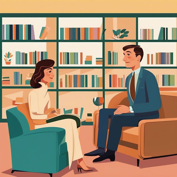 Color palate and design are mid-century modern. A middle aged female therapist, brown hair