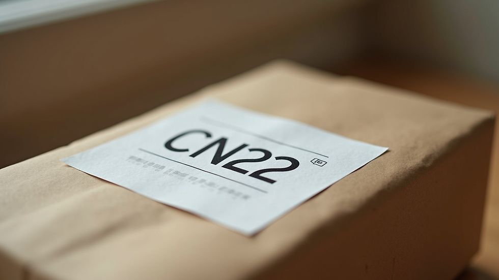 Eye-level view of a small package with a CN22 customs form sticker attached