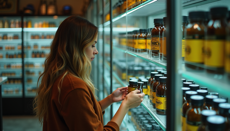 High angle view of a customer browsing THC 9 products at Tobacco Barn