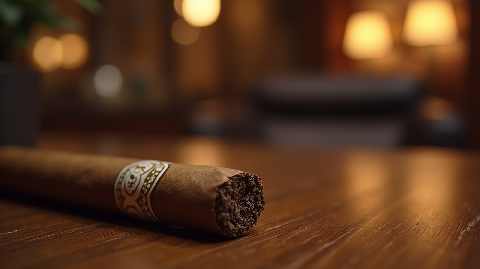 Close-up view of a cigar resting on a wooden table in a cozy lounge