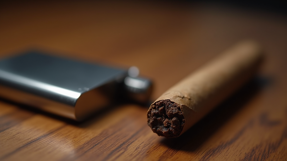 Close-up view of a cigar resting on a wooden table with a lighter nearby