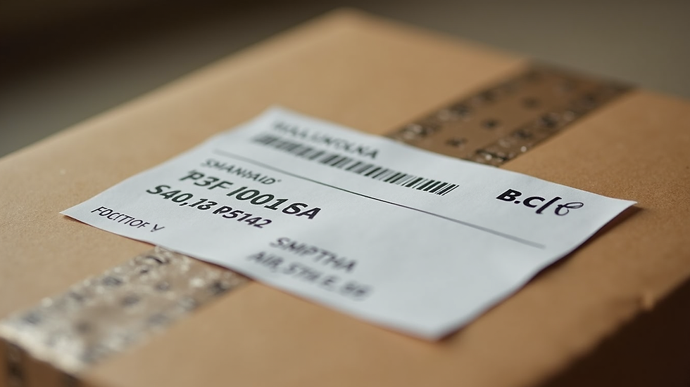 Eye-level view of a shipping label on a cardboard box