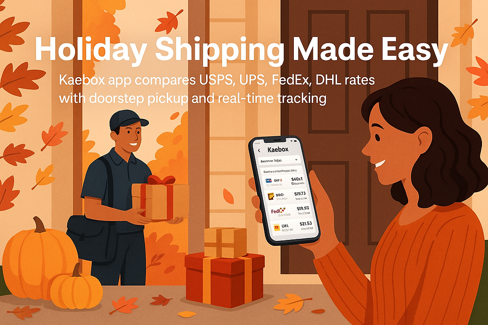 Holiday shipping made easy: Kaebox compares USPS, UPS, FedEx, DHL rates with doorstep pickup and real-time tracking.
