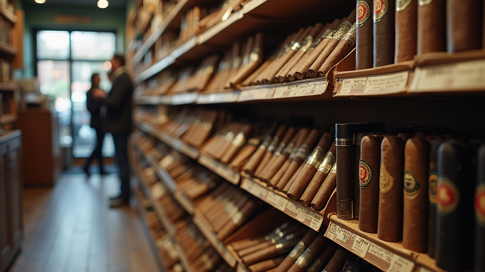 Eye-level view of tobacco shop shelves filled with cigars and vape products