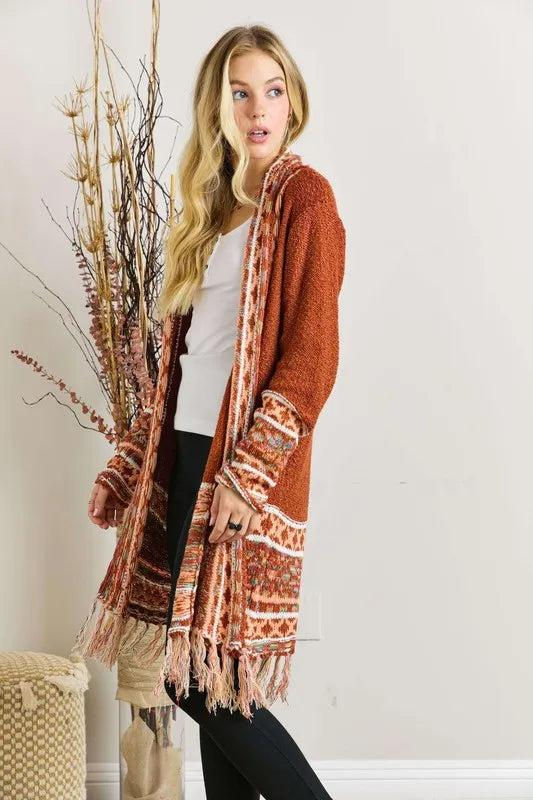 Thumbnail: ADORA Full Size Fringe Hem Aztec Border Cardigan Plus Size
