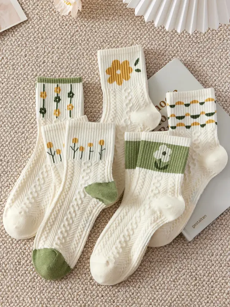 Thumbnail: Women'S 5 Pairs Floral Print Textured Crew Socks, Fashion Casual Cozy Socks for 