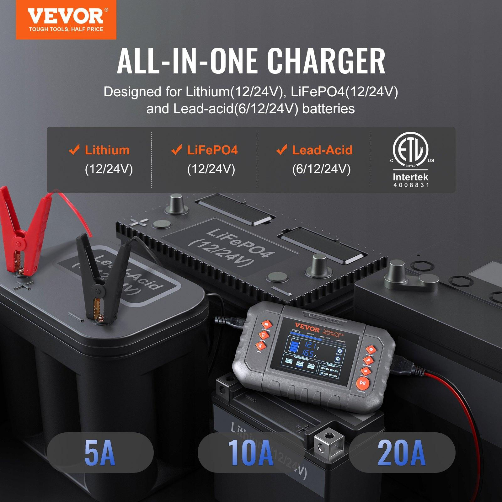 VEVOR Smart Battery Charger, 20-Amp, Lithium LiFePO4 Lead-Acid (AGM / Gel / SLA)