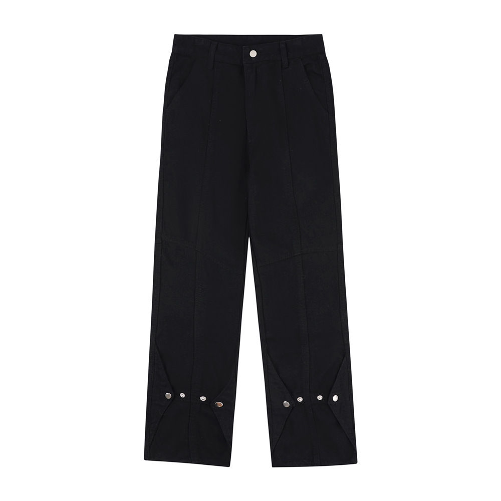 Deconstructed and spliced straight leg jeans