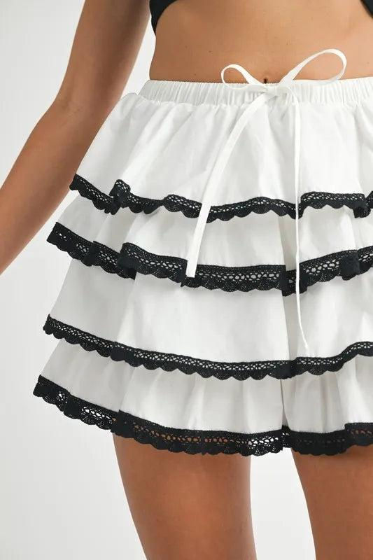 Thumbnail: MABLE Poplin Ruffle Layered Contract Lace Trim Mini Skirt