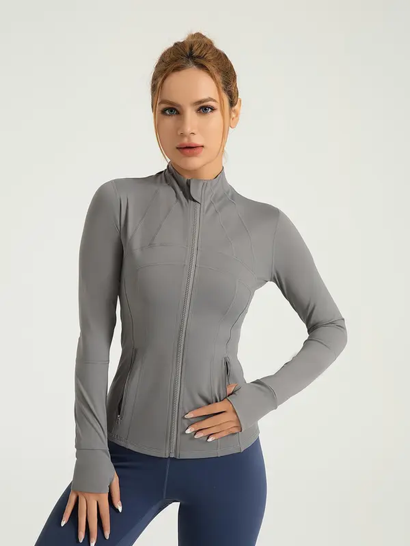 Thumbnail: Women'S Spring Solid Zip-Up Pocket Sports Jacket, Long Sleeve Stand Collar Sport