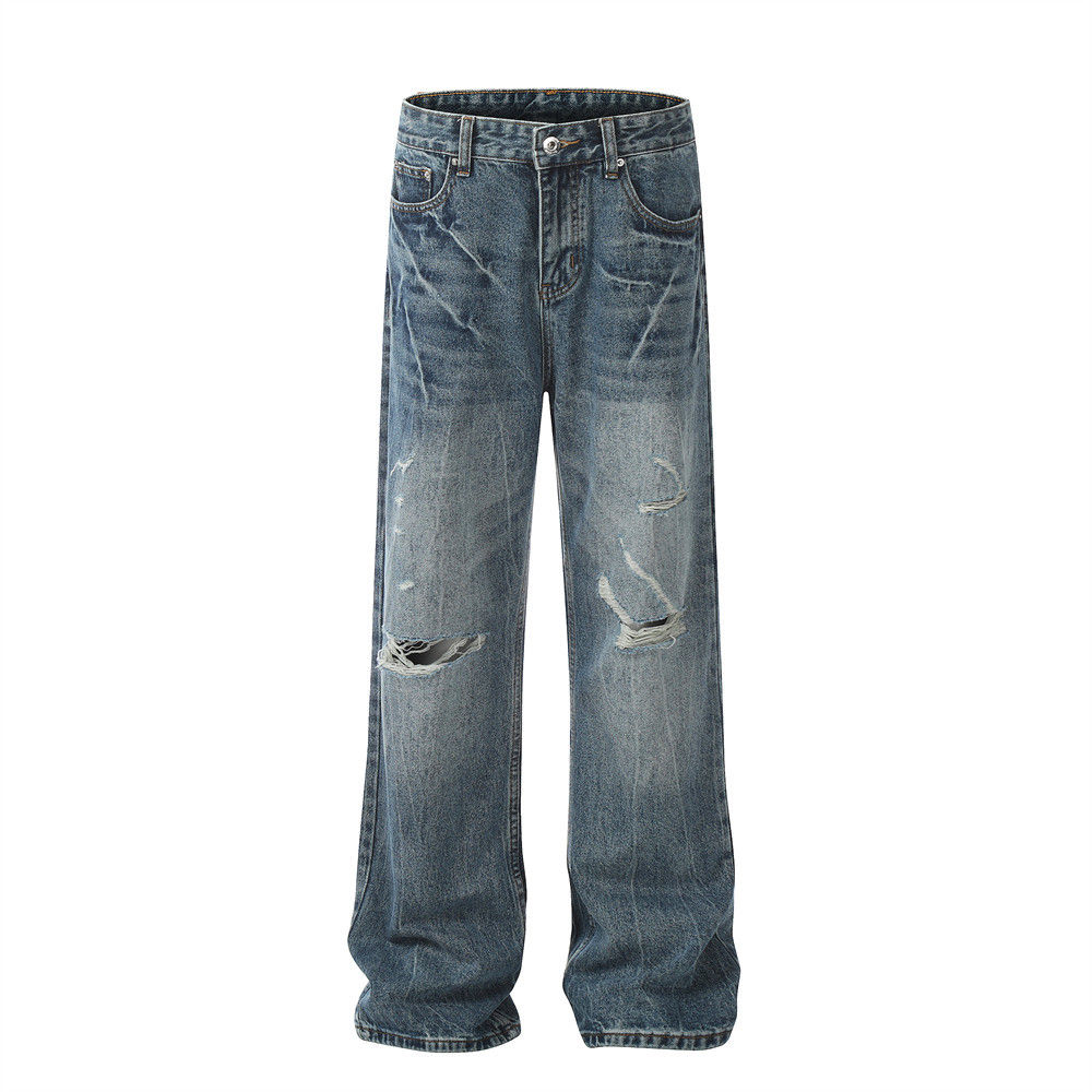 Punched and washed denim straight leg pants with white tint
