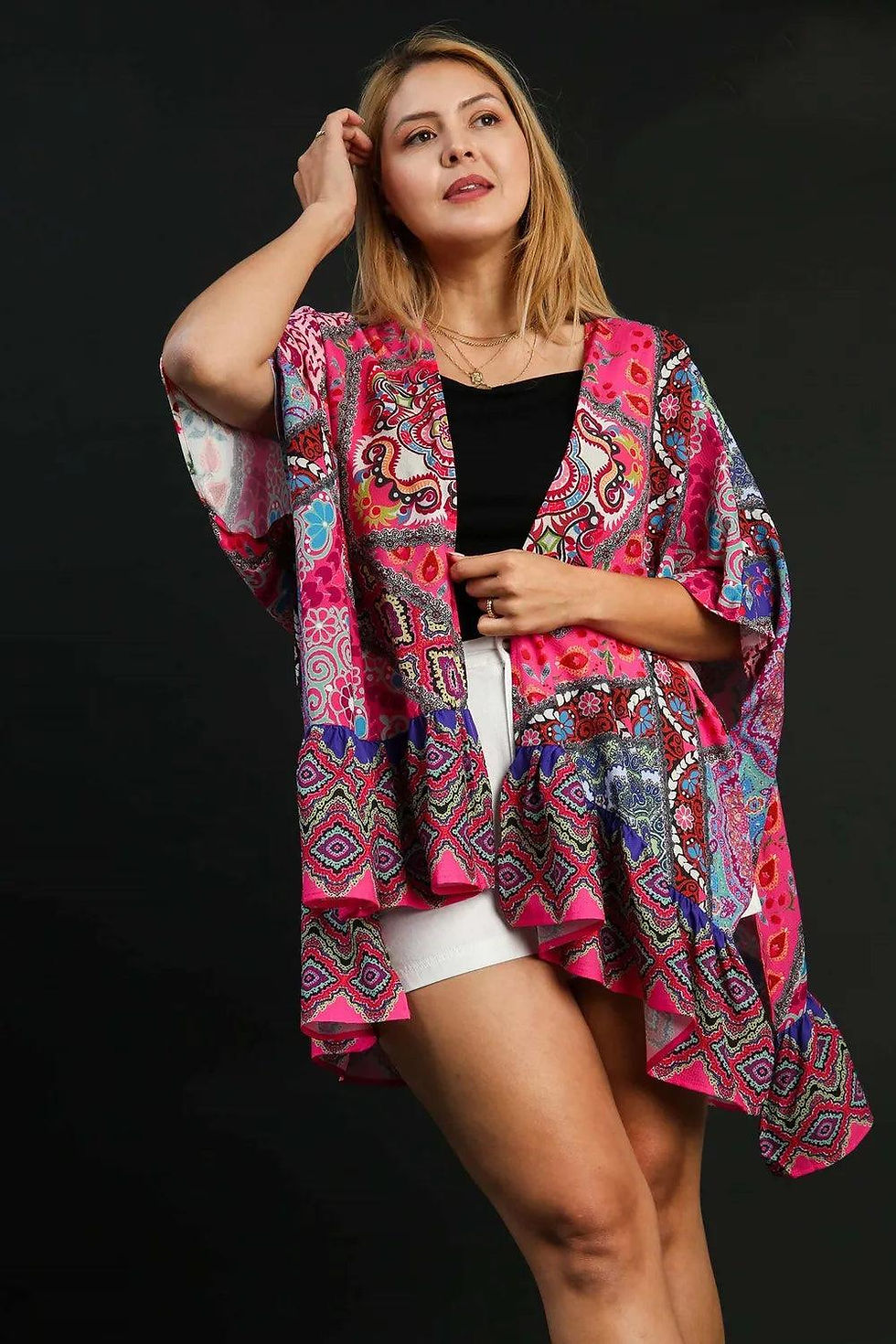 Thumbnail: Umgee Full Size Mixed Print Ruffle Hem Open Front Cover Up Plus Size