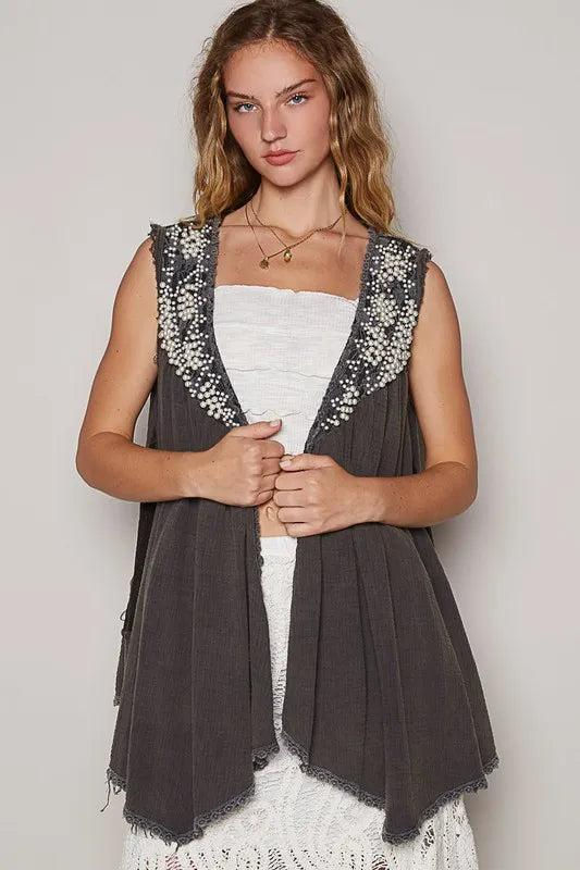 Thumbnail: POL Embroidered Pearls Open Front Sleeveless Cardigan