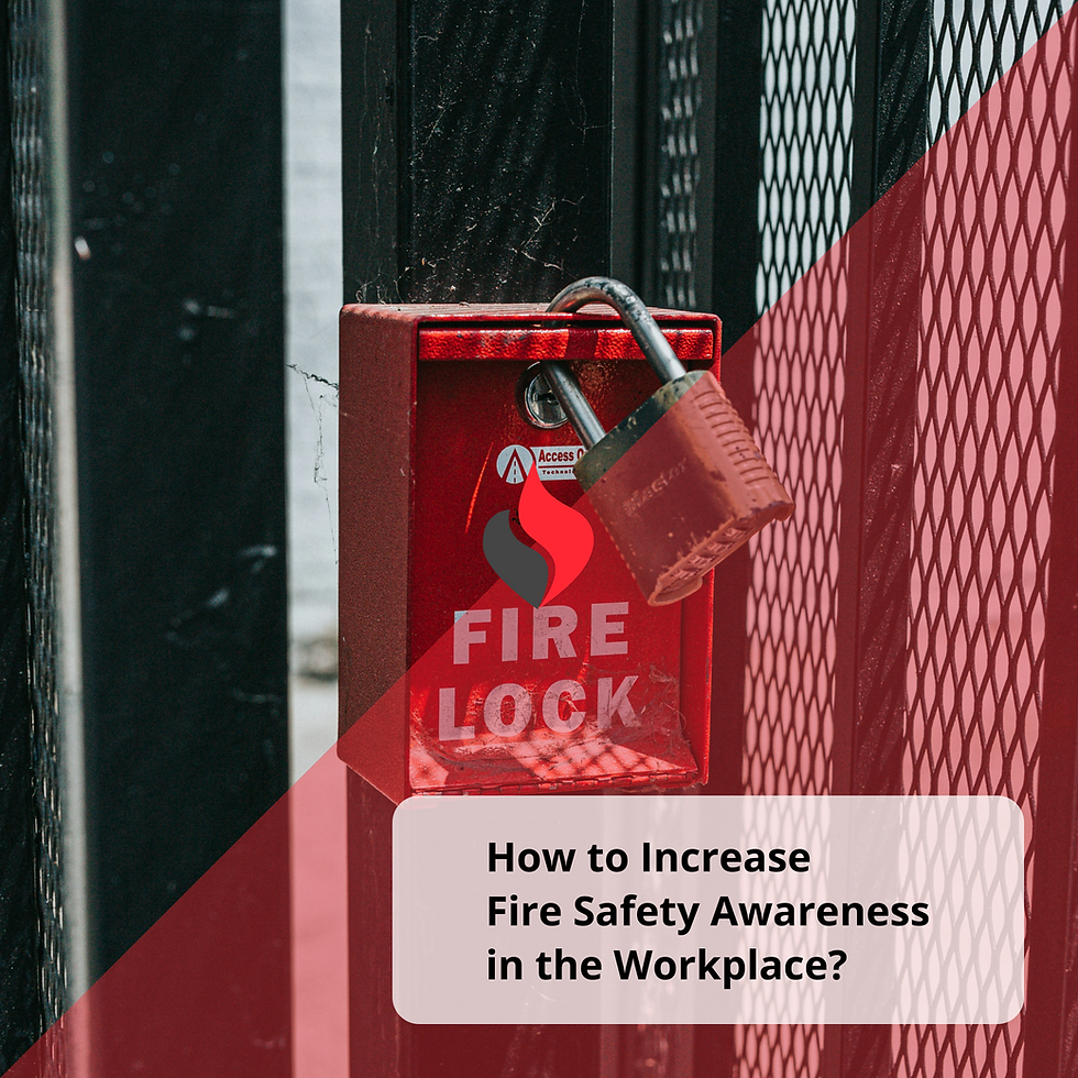 Close-up of a red fire lock box with a padlock attached to a metal gate, symbolizing workplace fire safety awareness and the importance of maintaining accessible emergency equipment.