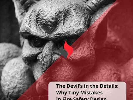 Close-up image of a stone gargoyle with sharp horns, used symbolically to represent the hidden dangers in fire safety design. 