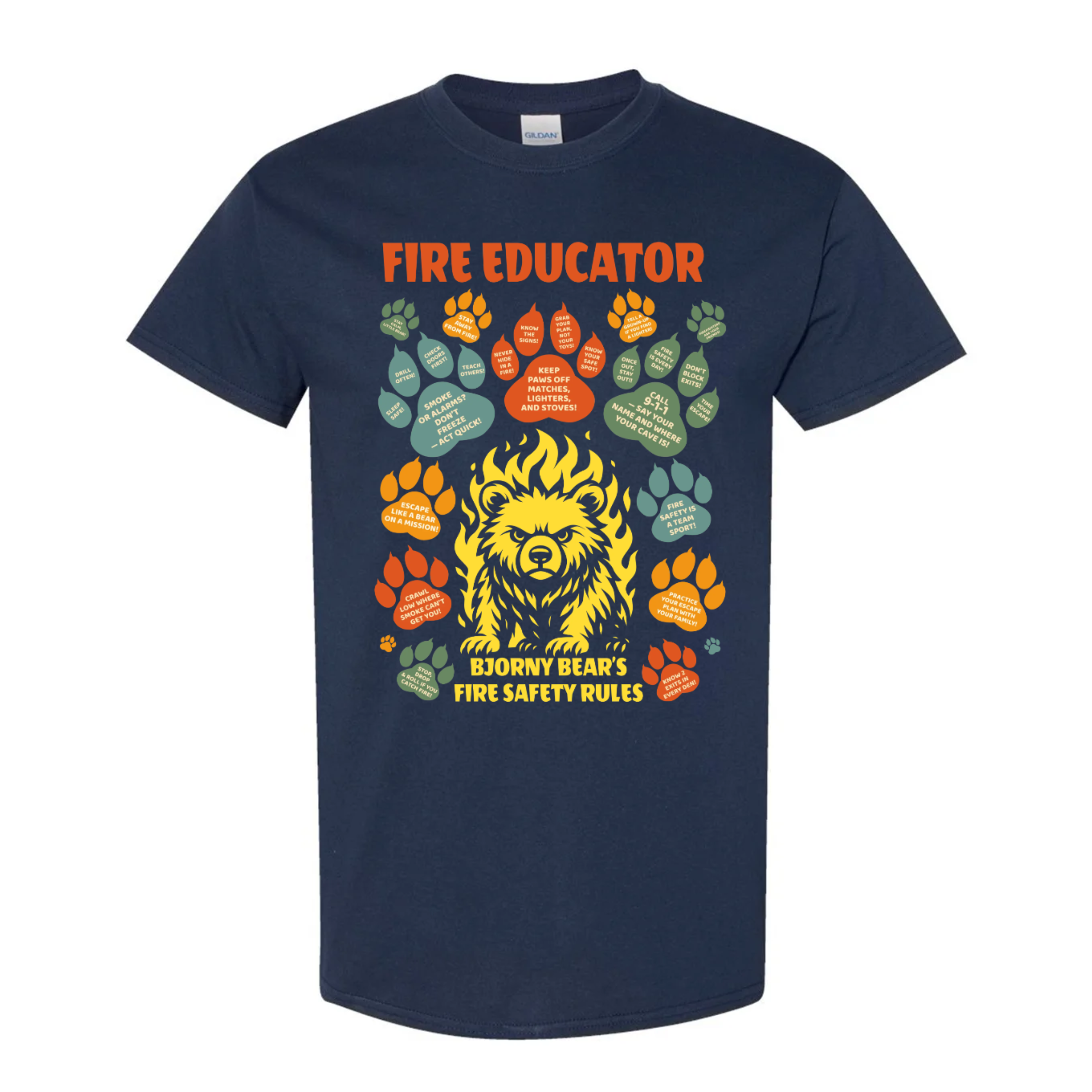 Heavy Cotton Unisex T-shirt featuring Fire Educator Bjorny Bear’s Fire Safety Rules in navy