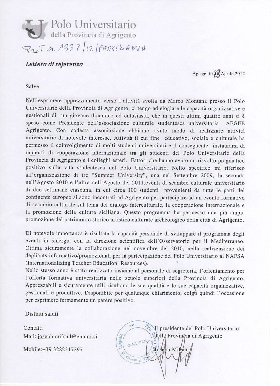 J.Mifsud Letter di referenze Marco Montana