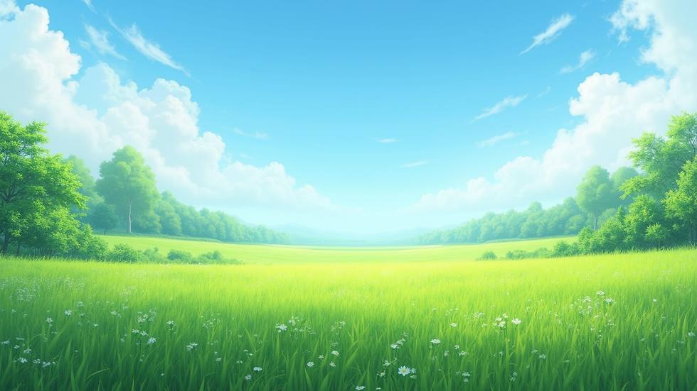 Wide angle view of a serene landscape with a clear blue sky