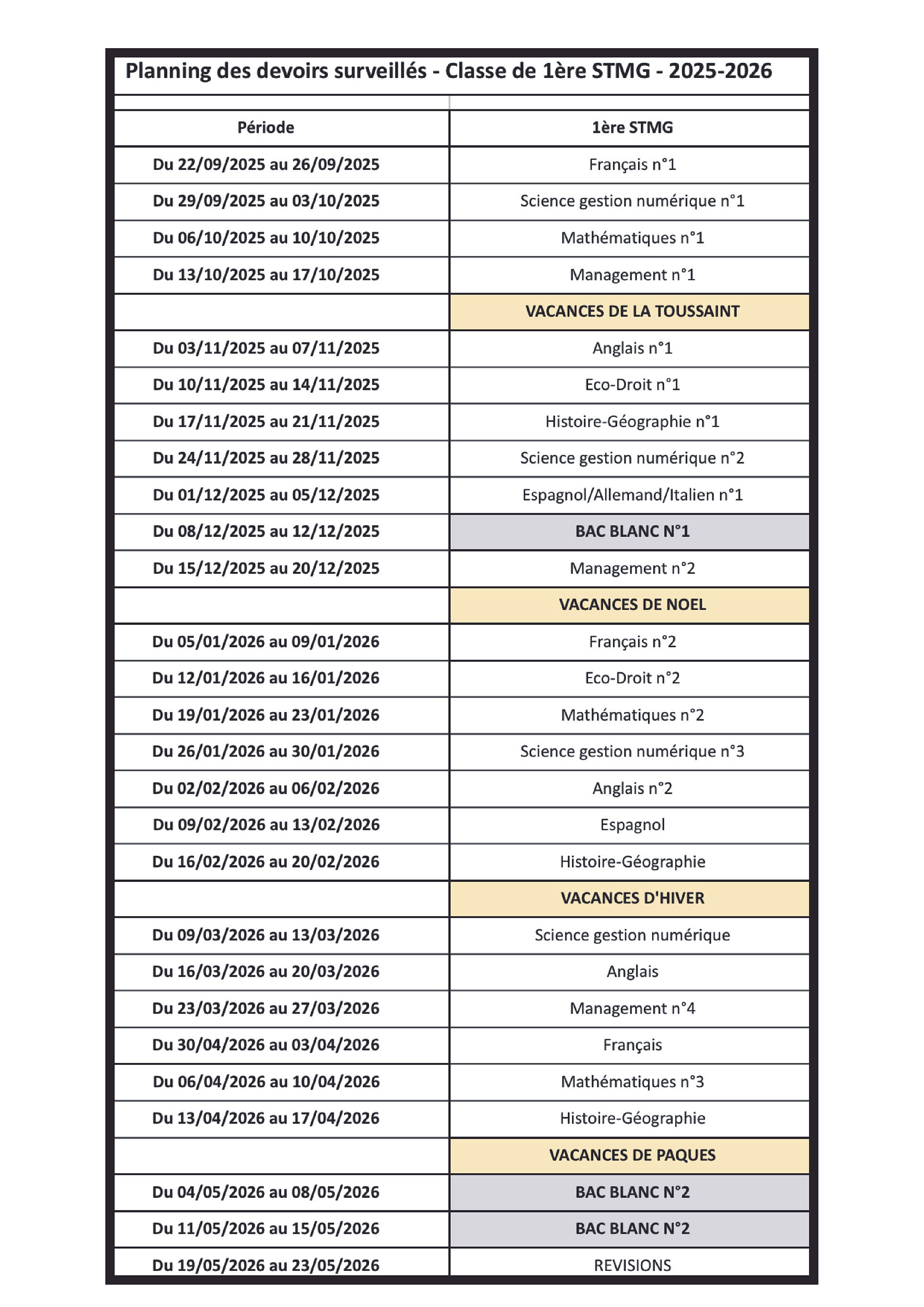 Planning des devoirs surveilles