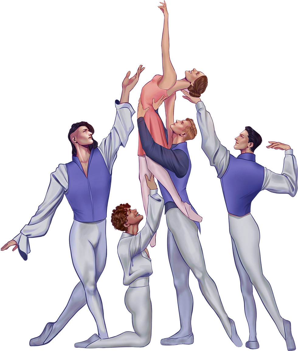 Four male dancers lifting a female dancer in the air.