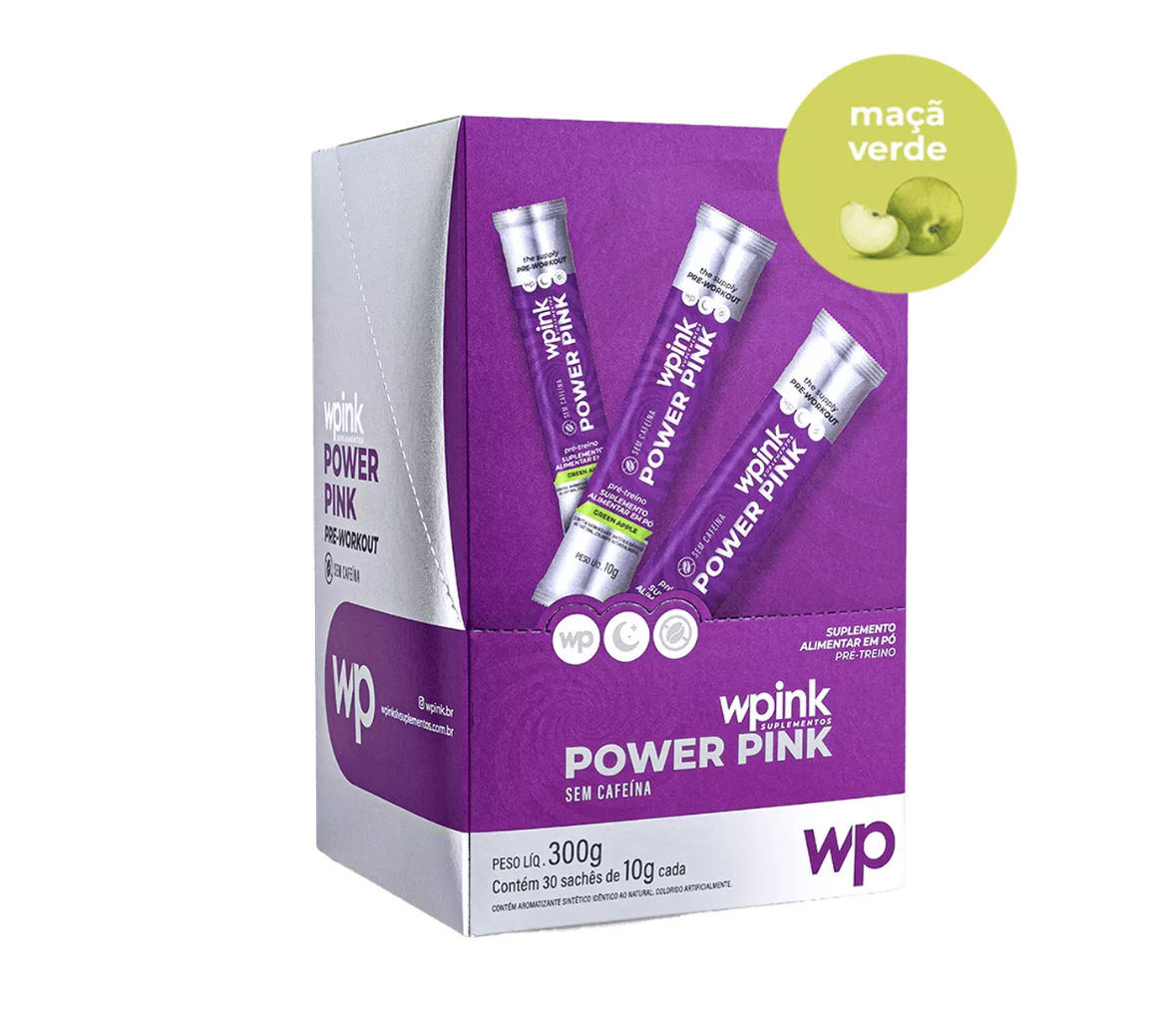 pré-treino power pink Saches sem cafeína de maçã verde - 300g - Wpink