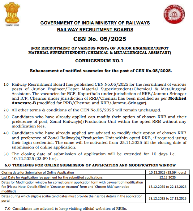 RRB JE 2025 Registration Date Extended Notification image