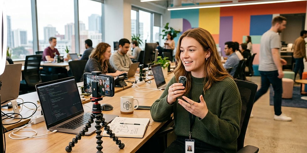 A woman content creator speaking into a microphone while recording a video on a smartphone in a collaborative office.