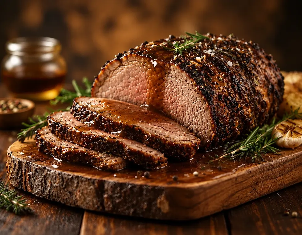 Studio food photography of a sliced roast beef, seasoned with herbs and pepper, served on a rustic wooden board. The scene features rich, warm tones and elegant lighting, emphasizing the juicy texture of the meat.