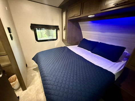 RV rental unit from Lake Whitney on Wheels set up for outdoor travel near Lake Whitney, Texas.